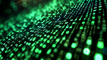 Glowing green binary code flowing, digital matrix abstract background