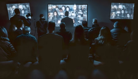 A captivated audience watches a mysterious presentation projected on multiple screens. The room is dark, emphasizing the intrigue.の写真素材
