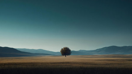 A single tree stands in a vast golden field, under a teal sky and mountains in the distance. Serenity and tranquility.の写真素材