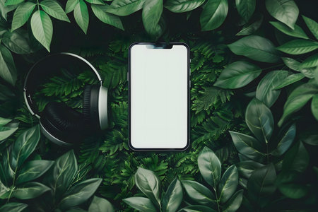 A smartphone and headphones rest amidst vibrant green leaves, creating a peaceful scene.の写真素材