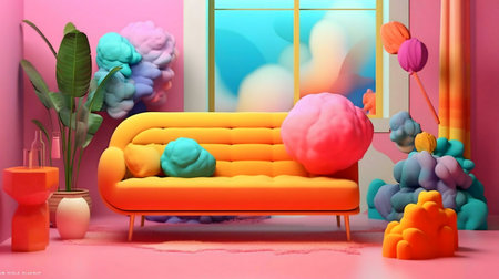 Surreal 3D render of a vibrant living room with colorful clouds and a yellow sofa.の写真素材