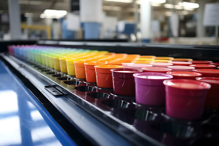 A close-up view of vibrant ink cups arranged in a rainbow spectrum on a production line.