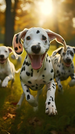 Three adorable Dalmatian puppies joyfully run through an autumnal park, bathed in warm sunlight.の写真素材