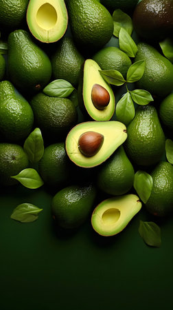 A vibrant image of fresh avocados and green leaves against a dark background.
