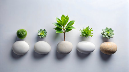 A serene arrangement of miniature plants and smooth stones, creating a calming zen garden aesthetic.
