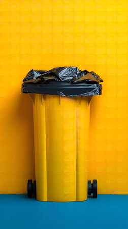 A yellow wheelie bin with a black garbage bag sits against a bright yellow wall. Clean and minimalist.の写真素材