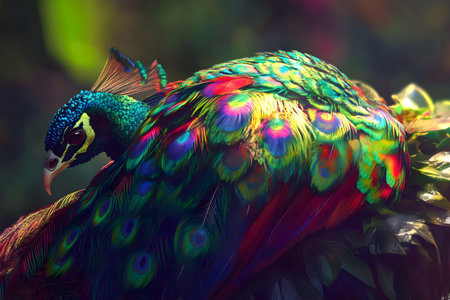 A stunning close-up of a peacock showcasing its vibrant and intricate plumage.の写真素材