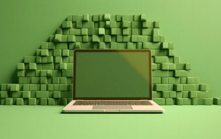 A sleek laptop sits in front of a wall of green cubes. Minimalist and modern aesthetic.の写真素材
