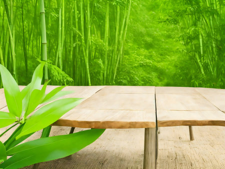 A wooden table sits before a vibrant bamboo forest, creating a peaceful scene.の写真素材