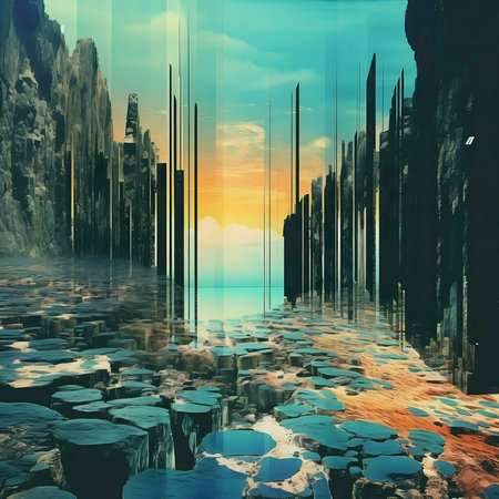 A futuristic city reflected in a tranquil lake at sunset. Dark rocks frame the scene.の写真素材