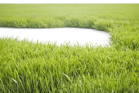 A tranquil image of a vibrant green meadow with a light-colored patch in the center.の写真素材