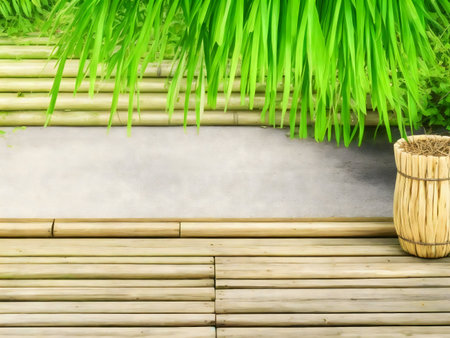 Peaceful bamboo deck with lush green plants. Zen garden vibe.の写真素材