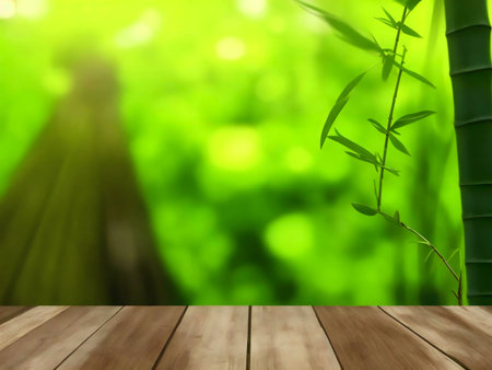 A tranquil image of a wooden tabletop set against a blurred background of a vibrant green bamboo forest. Perfect for zen themes.の写真素材