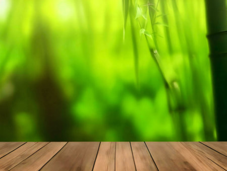 Peaceful bamboo forest, vibrant green, wooden surface. Nature's serenity.