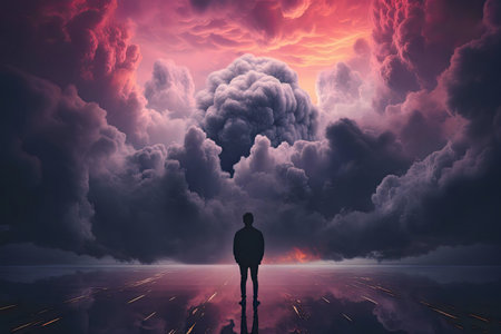 A solitary figure stands before a colossal, dramatic storm. The sky is filled with dark, purple clouds.の写真素材