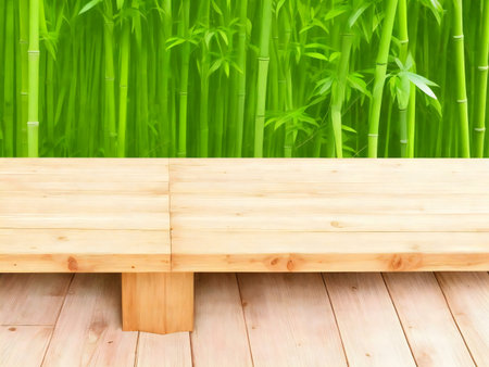 Wooden bench in front of a lush bamboo grove. Peaceful and serene atmosphere.の写真素材
