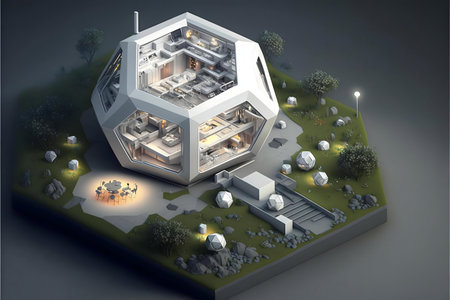 Stunning 3D rendering of a futuristic geodesic dome house. Modern design, beautiful outdoor space.