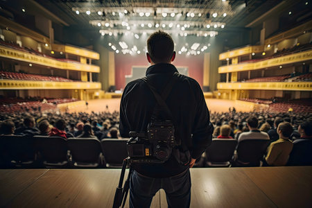 A lone cameraman stands with his camera, capturing the energy of a large concert in a magnificent...