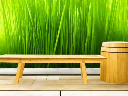Peaceful bamboo forest scene with wooden bench and barrelの写真素材