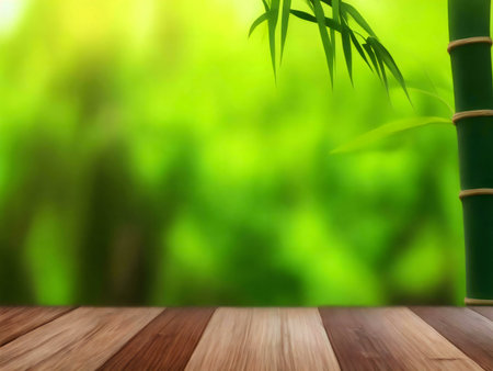 Peaceful bamboo forest scene, perfect for relaxation. Green foliage and wooden surface.の写真素材