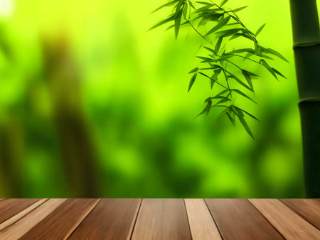 Peaceful bamboo forest scene. Green leaves, wood surface.の写真素材
