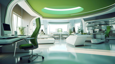 A sleek futuristic office with green accents and white furniture. Modern and innovative design.