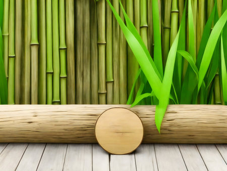 Peaceful image of a bamboo forest with wooden elements. Perfect for meditation and relaxation.の写真素材
