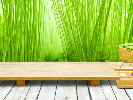 A wooden platform before a vibrant bamboo forest. Peaceful and calming.の写真素材