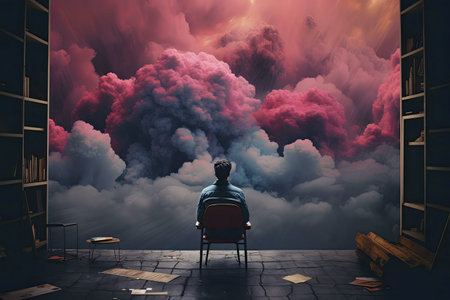 A man sits in a room, gazing at a breathtaking, surreal cloudscape filled with pink and blue hues. The scene is dreamlike and thought-provoking.の写真素材