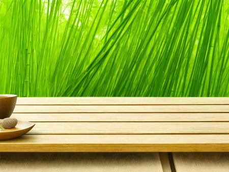 A wooden table with a cup and stones against a backdrop of lush green bamboo.の写真素材