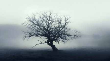 A single, leafless tree stands in a misty field, creating a mysterious and serene atmosphere.