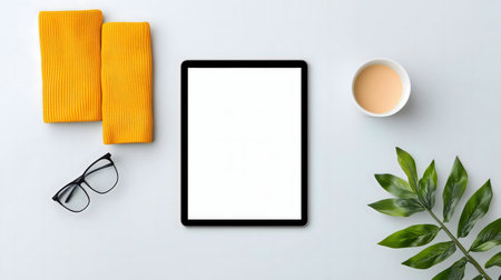 Stylish flatlay of a minimalist workspace featuring a tablet mockup, yellow knitwear, a cup of tea, and a green plant.の写真素材