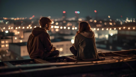 A young couple enjoys a romantic night atop a building, gazing at the city lights.の写真素材
