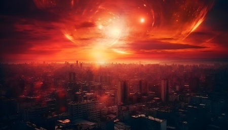 A city under a fiery, alien sky. Disaster, apocalypse, and destruction.の写真素材
