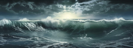 Immense waves during a violent storm. Dark clouds and intense energy.