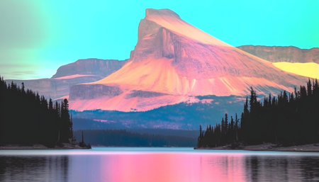 Pink sunset over a tranquil mountain lake. Serenity and beauty.の写真素材