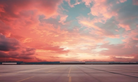 Pink and orange sunset sky over an empty parking lot with industrial buildings in the distance.の写真素材