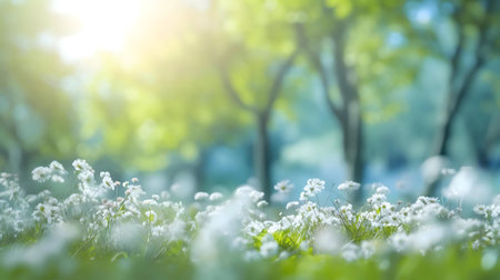 White flowers in a sunlit green meadow. Peaceful spring scene.