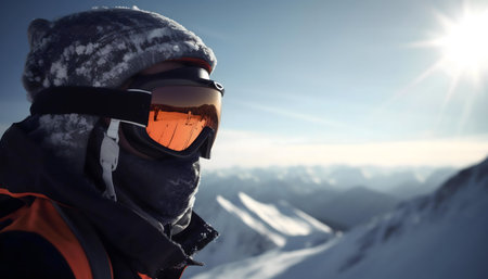 Skier gazing at snowy mountain peaks under bright sunlight. Winter wonderland adventure.の写真素材