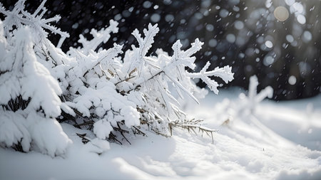 Snow-covered branches, winter wonderland, cold, peaceful.