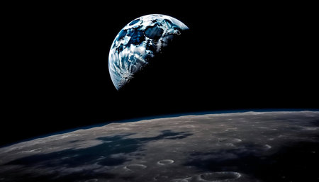 A stunning view of Earth rising above the lunar horizon, showing the beauty and fragility of our...