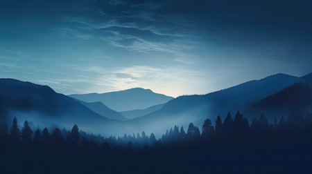 Serene twilight landscape showcasing majestic blue mountains and a foggy forest.の写真素材