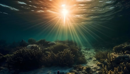 Sunlit underwater coral reef sceneの写真素材