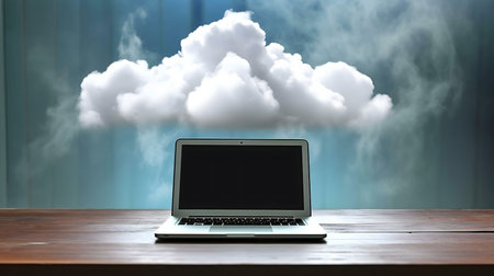 Laptop with a cloud symbolizing cloud computing.の写真素材