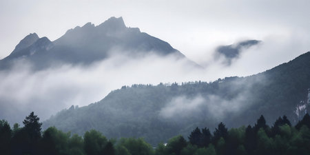 Misty mountains, serene landscape, tranquil sceneの写真素材