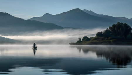 Misty morning on a serene lake, a solitary fisherman in a boat, mountains reflecting in still water.の写真素材