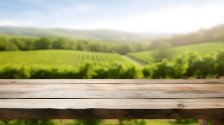 Wooden table with blurred vineyard background. Peaceful sceneryの写真素材