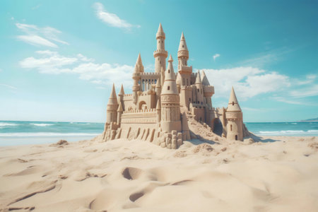 A magnificent sandcastle stands tall on a beautiful beach. The sun shines, and the waves gently caress the shore.の写真素材