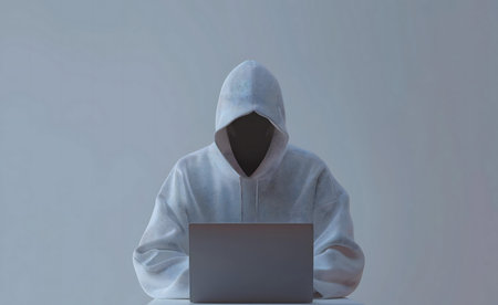Mysterious figure in hoodie using laptop, symbolizes digital security threats.の写真素材