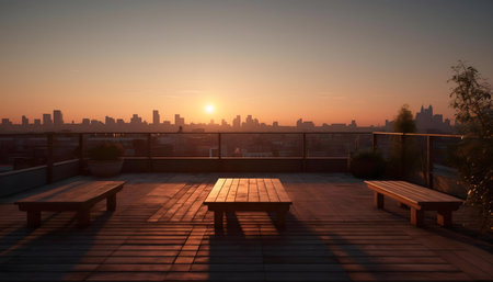 Peaceful rooftop view of a city sunrise.の写真素材